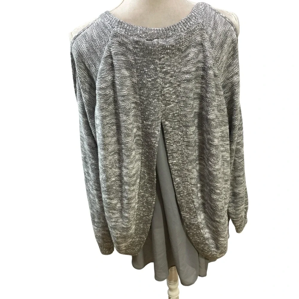 Torrid 3 Cold Shoulder Tunic Sweater‎ Gray Marled Knit Chiffon Hem Long Sleeve
